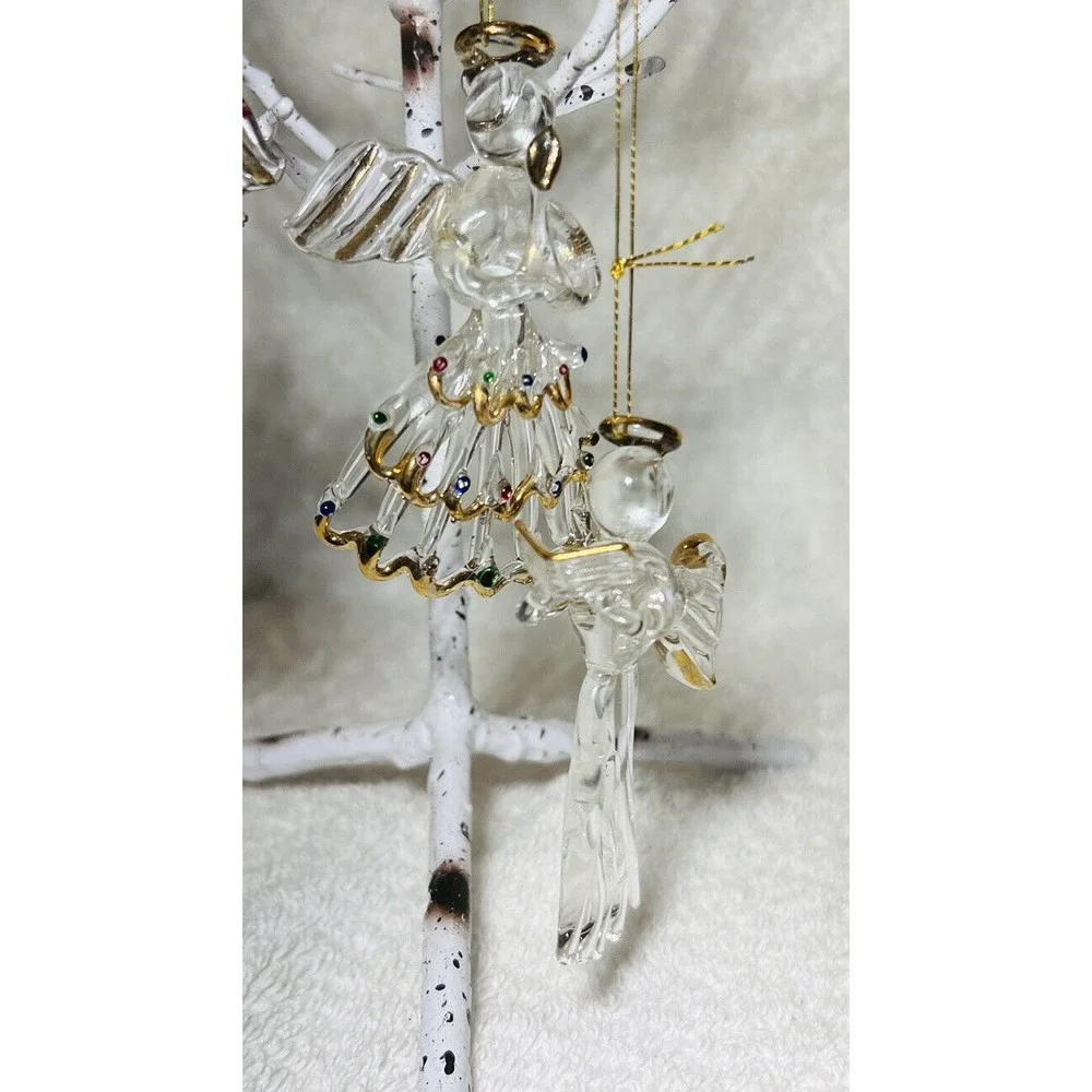 Clear Glass Gold Outlined Christmas Tree 3”‎ Angel Ornaments Lot of 4 -READ